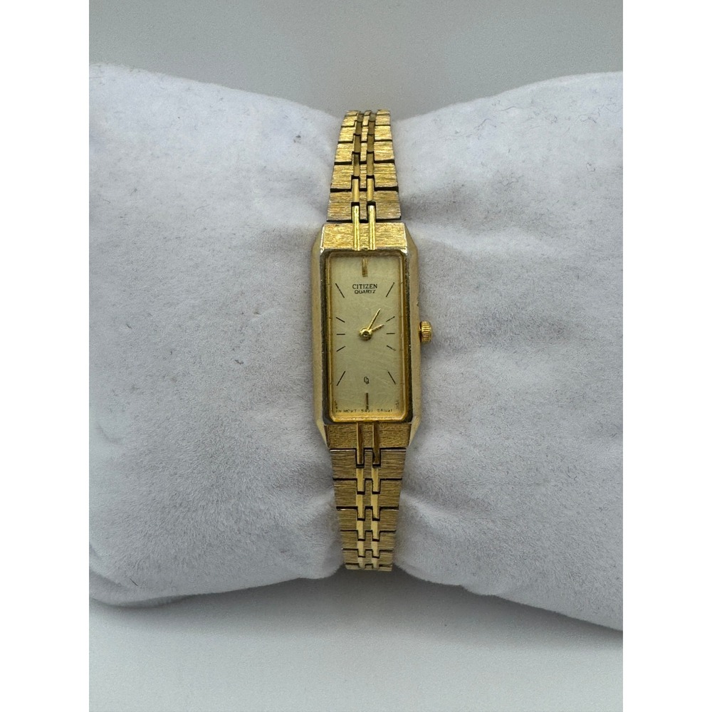 Citizen Women Vintage Gold Plated Rectangular Quartz Watch Link Band 80s Retro